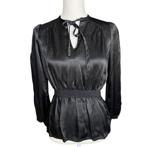 Vintage 70s Black Satin long sleeve Blouse chic retro neutral minimalist